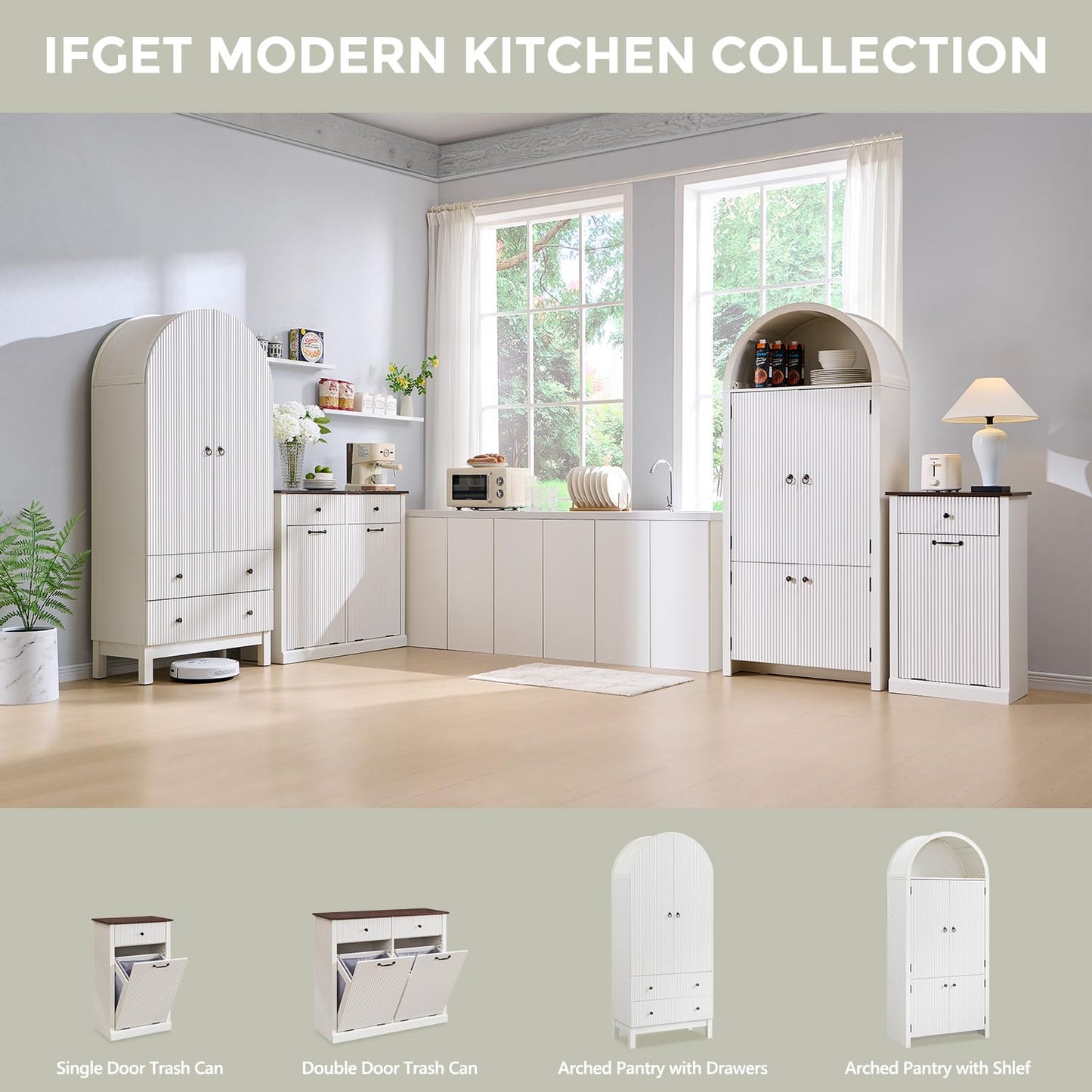 IFGET Triple Tilt Out Trash Can Cabinet, Modern Fluted Laundry Hamper Cabinet with 3 Drawers, 20 Gallon Hidden Wooden Garbage Can Cabinet w/Storage Basket & Adjustable Shelf, for Kitchen, White