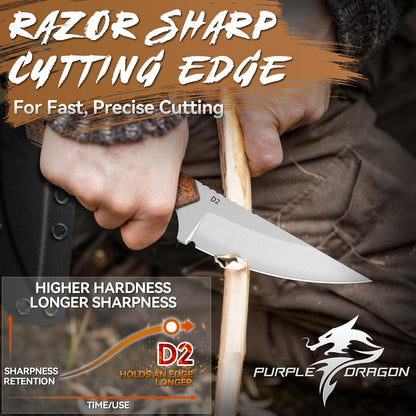 Purple Dragon Fixed Blade Knife with Sheath - D2 Steel Survival Knives with G10 Handle - Full Tang EDC Knife for Outdoor Bushcraft, Hiking - Fathers' Day Gift Idea - Brown
