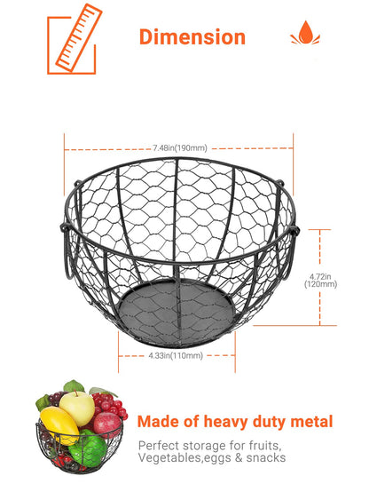 WILLIZTER Round Wire Basket Black Fruit Basket Bowl Fruit Holder for Kitchen with Handle Black Home Storage for Vegetables, Snacks, Household Items Decor