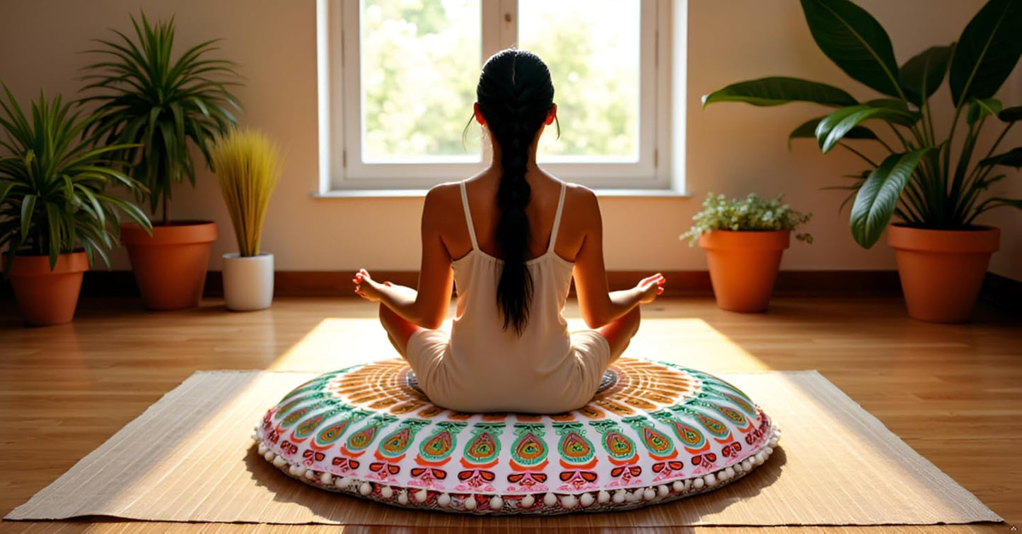 22 Inch 22", CRAFT KALA Meditation Floor Pillow Cover Round Pillow Seating Hippie Decorative Adults Bohemian Mandala