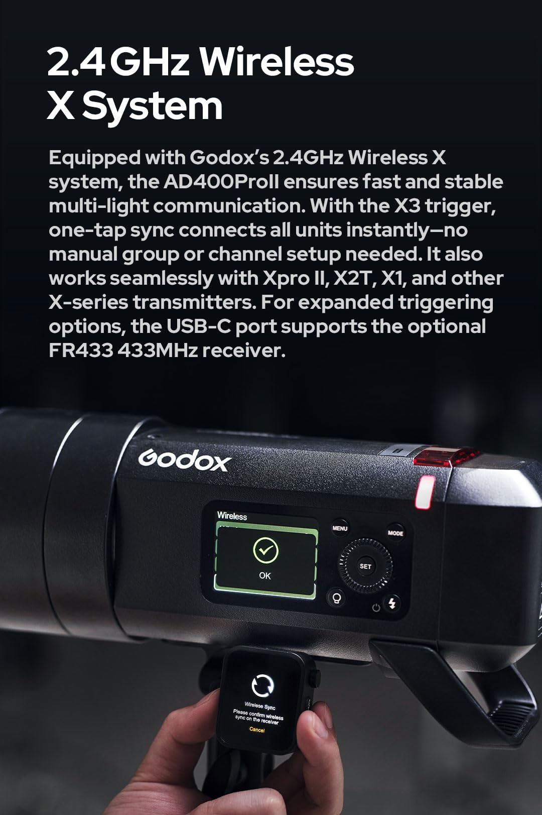 Godox AD400 Pro II AD400Pro II AD400ProII Flash, GN72 One-Tap Sync with X3/30W Bi-Color Modeling Lamp/Color Screen/16 Color Groups Indicator/Freeze Mode/460 Flashes/1/512~1/1 (with ± 0.1 Increment)