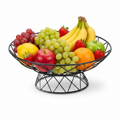 AIYICIII Large Metal Wire Fruit Bowl, 12-inch Round Mesh Fruit Basket for Kitchen Countertop, Modern Decorative Bread Vegetable Storage Holder Organizer, Sleek Black Iron Art(Black)