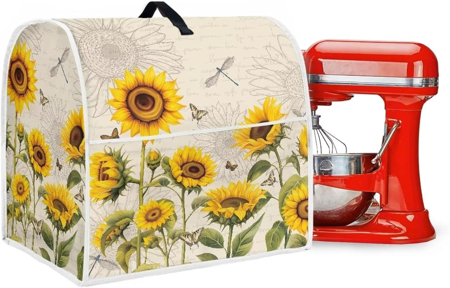 Sunflower Dragonfly Dust-proof Cover for Kitchen Aid Mixer, Water-resistant with 2 Pockets for Accessories, Easy
