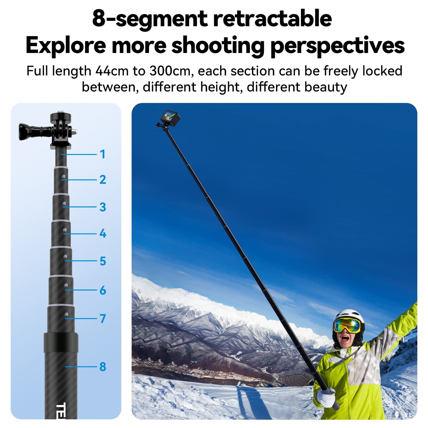 TELESIN G3 Selfie Stick Pole Long Invisible (118"/3M), Carbon Fiber Waterproof Underwater Monopod for GoPro Max 13 12 11 10, Insta360 X3 X4 X5 Ace Pro, DJI Osmo 360 Action Pocket AKASO Bike Motorcycle