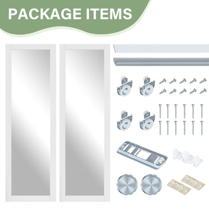 60" x 80" Paintable Sliding Closet Door, 1-Lite One-Side Mirror Bypass Door Panel with Hardware Track Kit & Floor Guide, Solid Wood Slab Pre-Assembled for Kitchen/Bedroom/Laundry, Black Handle