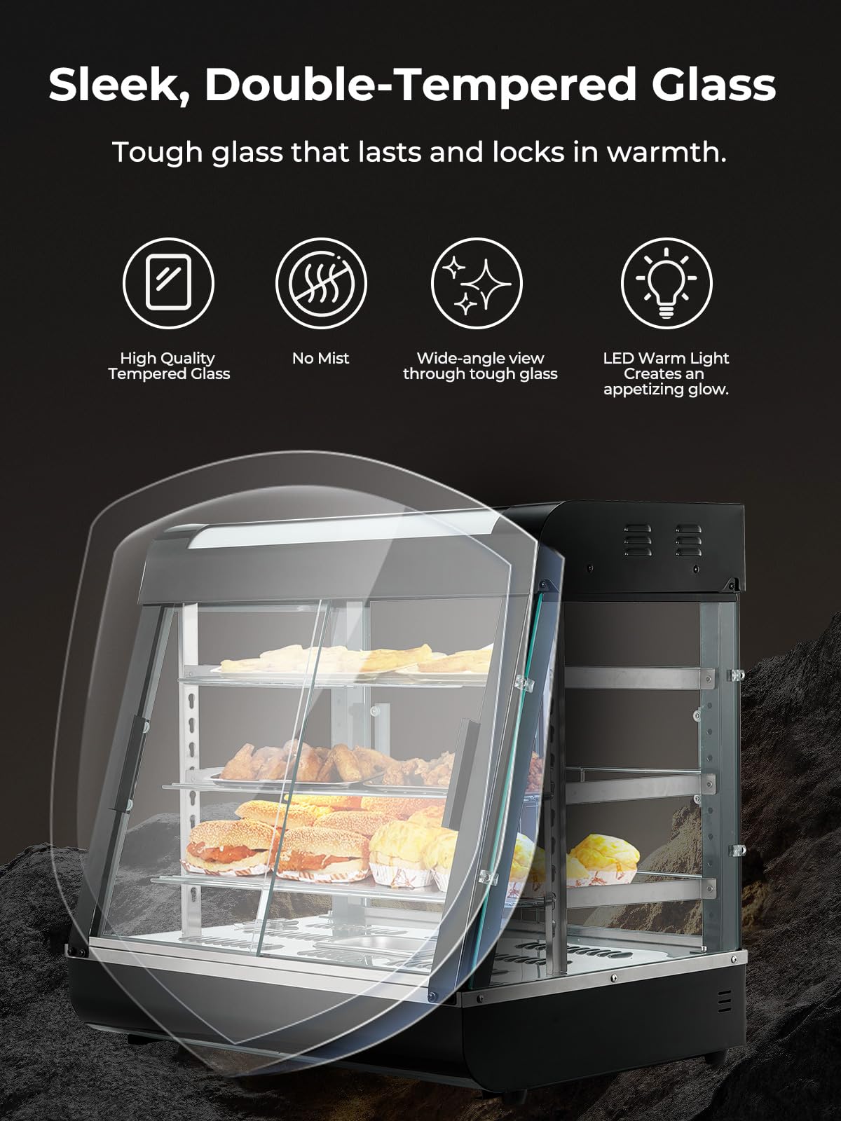 Commercial Food Warmer 26", 3-Tier Heated Display Case with Water Tray, 1200W Pizza Pastry Warmer, Adjustable Thermostat 86-185°F, LED Lighting, Removable Shelves for Buffet, Bakery, Catering