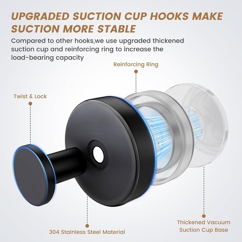 BKV Suction Cup Hooks - Removable Shower Hooks for Glass Windows | 4 Pack (Black) - Ideal for Bathrooms