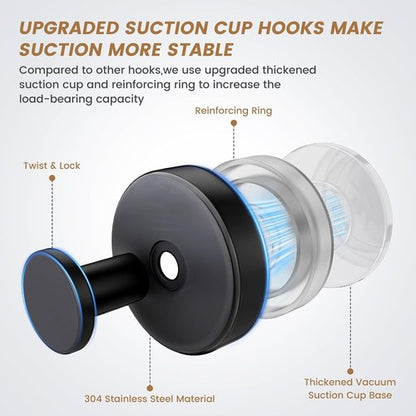 BKV Suction Cup Hooks - Removable Shower Hooks for Glass Windows | 4 Pack (Black) - Ideal for Bathrooms