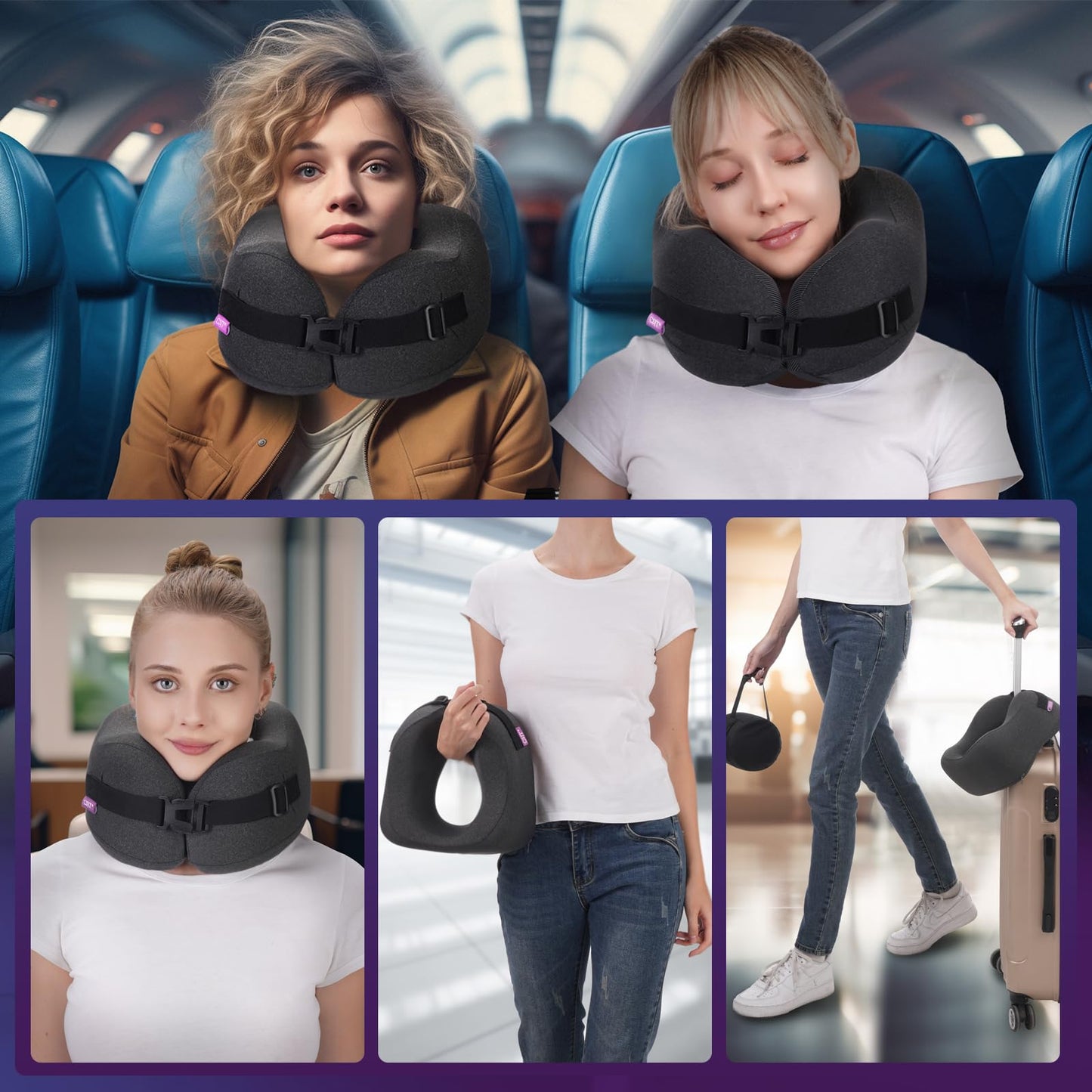 Travel Pillow Vac Compressed Memory Foam Neck Pillow Airplane,Comfortable,Neck Support,Machine Washable,Airplanes Travel Essentials Accessories for Office,Flight,Cars Breaks Sleeping(Black)