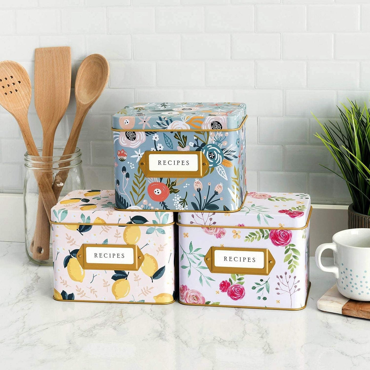 Jot & Mark Recipe Card Complete Gift Box | Decorative Pink Peonies Recipe Tin Box