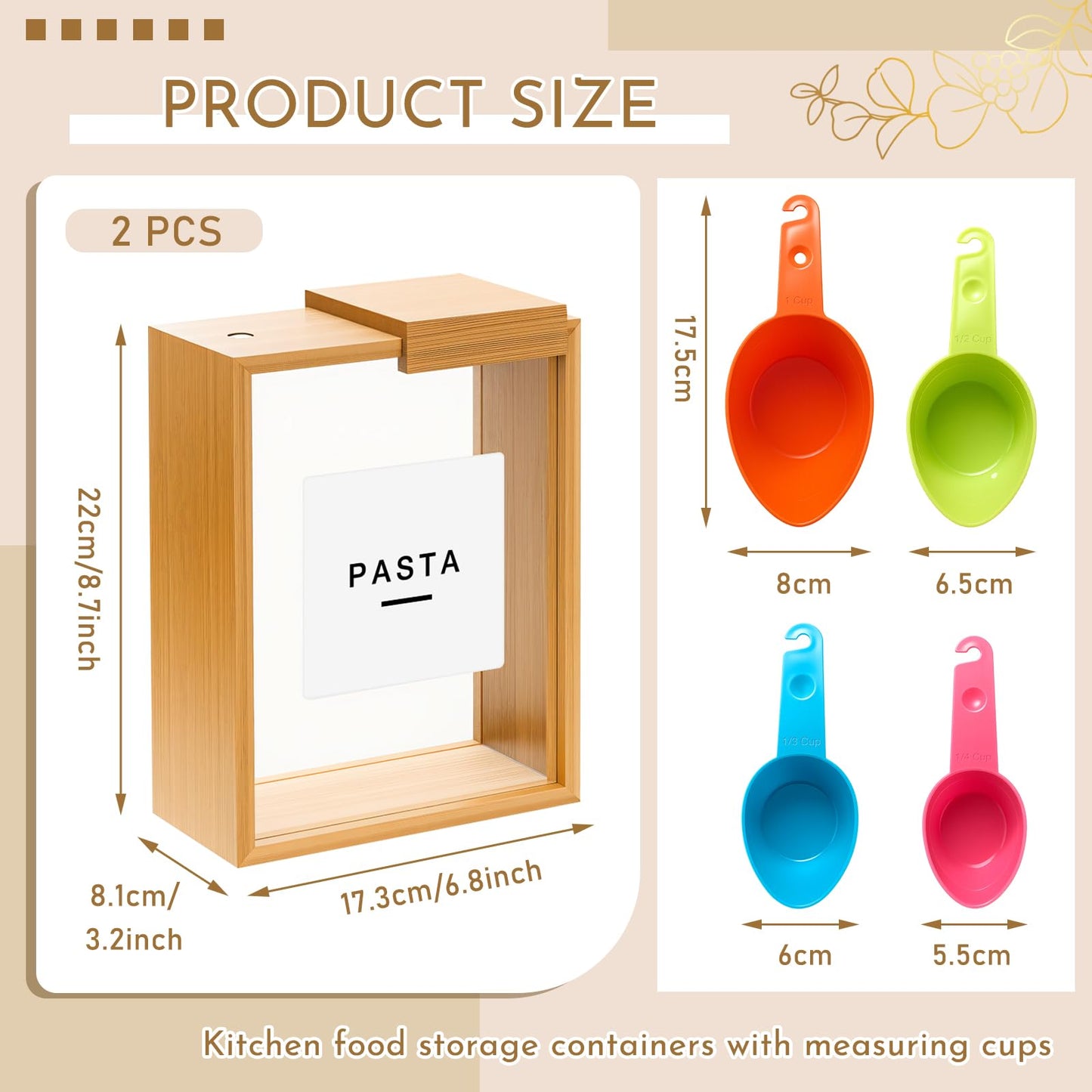 Threehoney 2 Pcs Bamboo Cereal Dispenser 75 Oz/ 2.2 l Kitchen Food Storage Containers with Measuring Cups for Airtight Pantry Organization and Storage Container Cereal Rice Flour Snack Nuts Grains