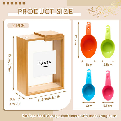 Threehoney 2 Pcs Bamboo Cereal Dispenser 75 Oz/ 2.2 l Kitchen Food Storage Containers with Measuring Cups for Airtight Pantry Organization and Storage Container Cereal Rice Flour Snack Nuts Grains