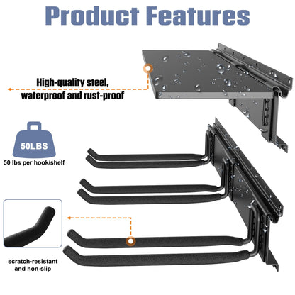 WALMANN Wall Mounted Garden Tool Rack with Shelves for Garage, Heavy Duty Folding Chair Hangers, 11-Inch Tool Storage Hooks for Shovels, Rakes, Ladders(Tool Rack with Shelf)