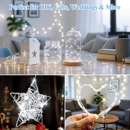 Lakumu Fairy Lights - 12-Pack Battery Operated 7FT Waterproof Silver Wire LED String Lights | Cool White for DIY Decor