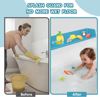 IwelKee Bathtub Splash Guard for Tub Kids, Longer Silicone Water Splash Guard for Bathtub, Toy Holder Play Shelf