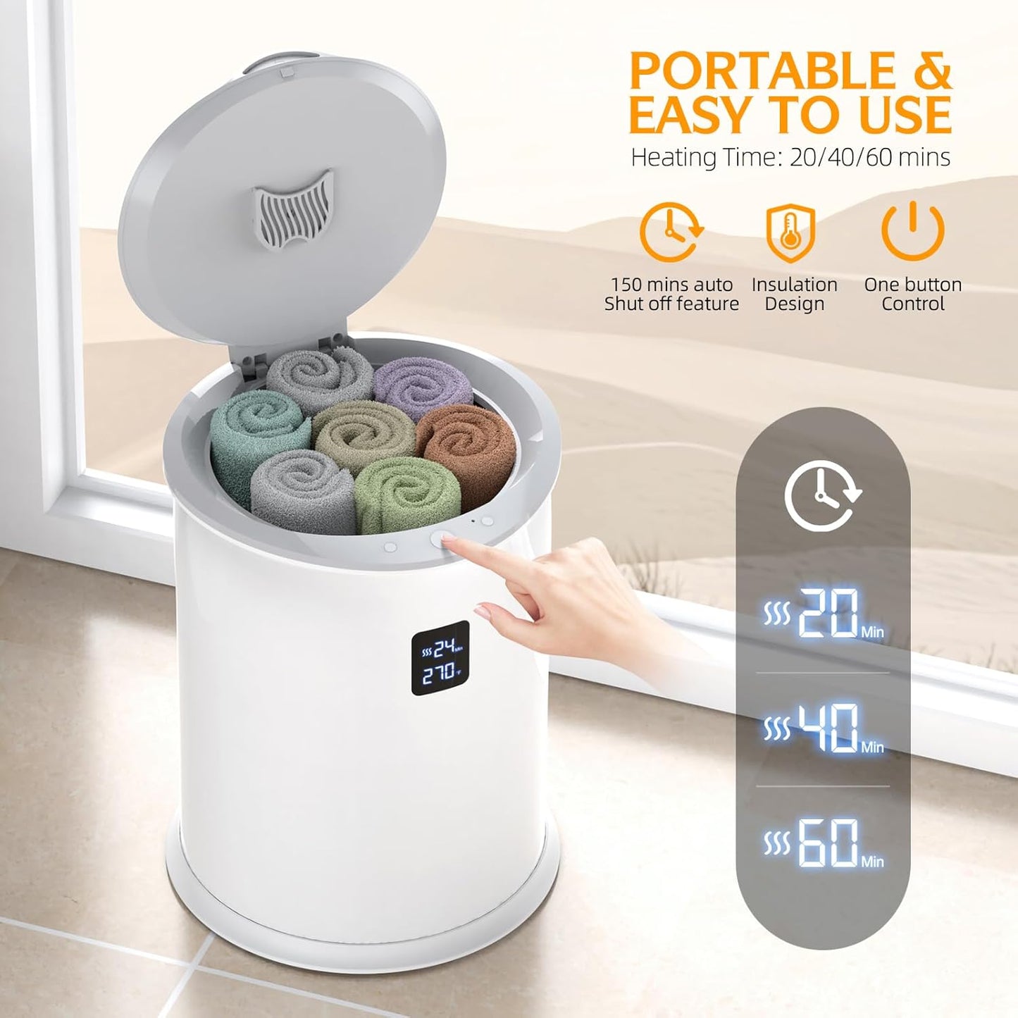 Large Towel Warmer for Bathroom, Luxury Hot Towel Warmer with Timer, LED Display Time and Temperature, Insulation Effect Up to 150 Minutes, Delay Time Up to 24 Hours, Best Ideals (White)
