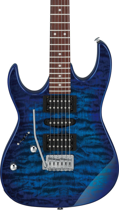 Ibanez GRX70QAL RG Gio Electric Guitar, Left Handed - Transparent Blue Burst Bundle with Amplifier, Gig Bag, Tuner, Cable, Picks, Austin Bazaar Instructional DVD, and Polishing Cloth