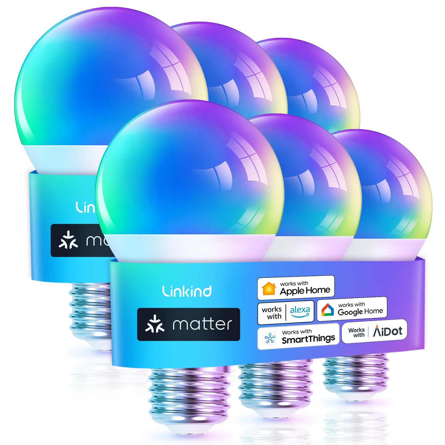 Linkind Matter Smart Light Bulb, WiFi Smart Bulbs, Work with Apple Home, Siri, Alexa, Google, SmartThings, RGBTW Color Changing Bulbs Mood Lighting, Music Sync, A19 E26 60W, 2.4Ghz WiFi 6 Pack