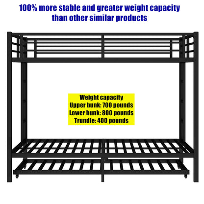 AOOMEEC Higher Quality & Stronger Metal Bunk Bed Queen Over Queen Size Bunkbed Frame, Thickened Heavy Duty More Stable Steel Bunk Bed with Twin Size Trundle (Queen Over Queen)