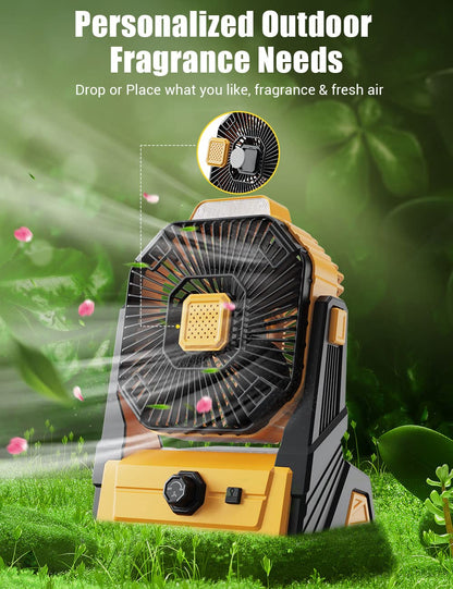 KopBeau Battery Operated Fan, 20800mAh Detachable, Camping Fan with LED Light & Hook for Tent, Outdoor USB Portable Fan Rechargeable for Travel, Hurricane, Hiking, Jobsite, Yellow