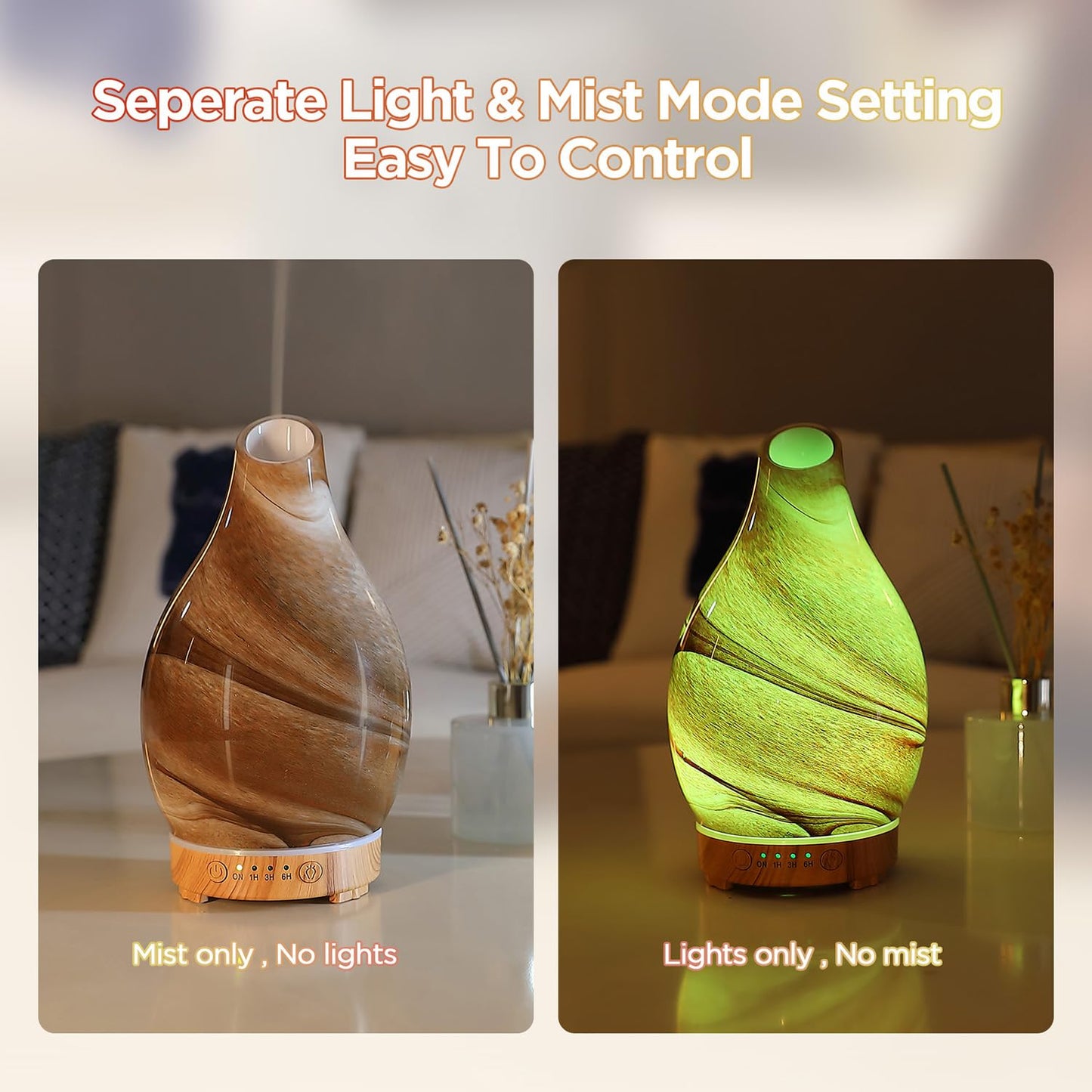 Essential Oil Diffuser Hand Blown Glass Aromatherapy Diffuser - Ultrasonic Cool Mist Scent Aroma Diffuser, Whisper Quiet with Auto Shut-Off, Timer Setting &7 Colors Night Light for Home