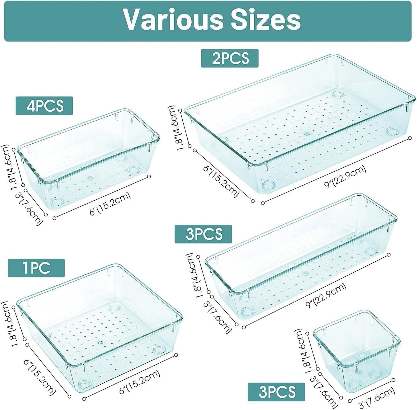 WOWBOX 13 PCS Plastic Drawer Organizer Set, 5 Sizes for Makeup, Jewelry, Gadgets, Kitchen, Bedroom, Office