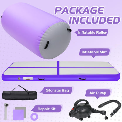 KIKILIVE Inflatable Gymnastics Tumble Mat 13ft and Air Roller 40x23inch Purple Gray, Air Mat Track 4 inches Thickness and Air Roller Gymnastics Barrel with Electric Air Pump for Home Use Outdoor Training Cheerleading Beach Park