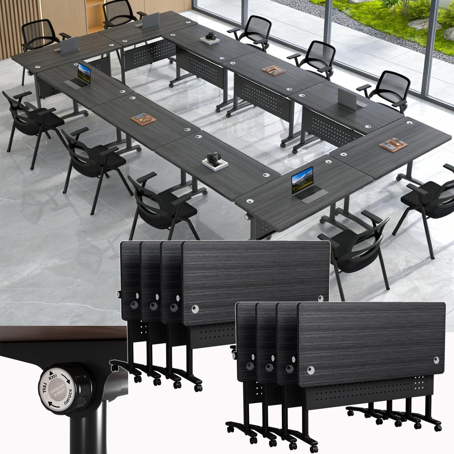 Folding Conference Room Tables with Wheels, Modular Conference Table Foldable Mobile Office Training Tables, Seminar Rolling Flip Top Nesting Meeting Table Space-saving for Classroom, Black 8Pack