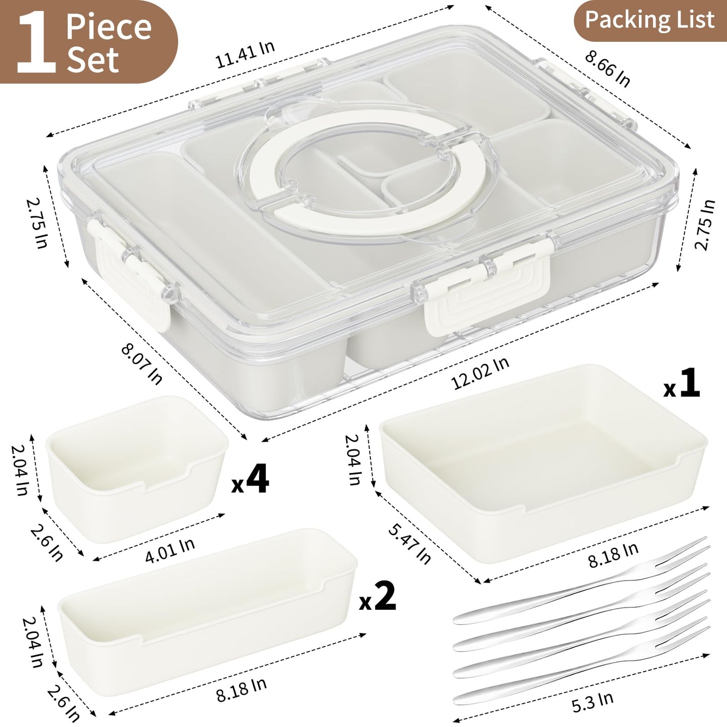 Futego Snackle Box Container,Divided Serving Tray with Lid and Handle,7 Portable Compartment Travel Snack Box for Candy Fruits Nuts Veggie for Road Trip Party Picnic (1 Pack-Dishwasher Safety)