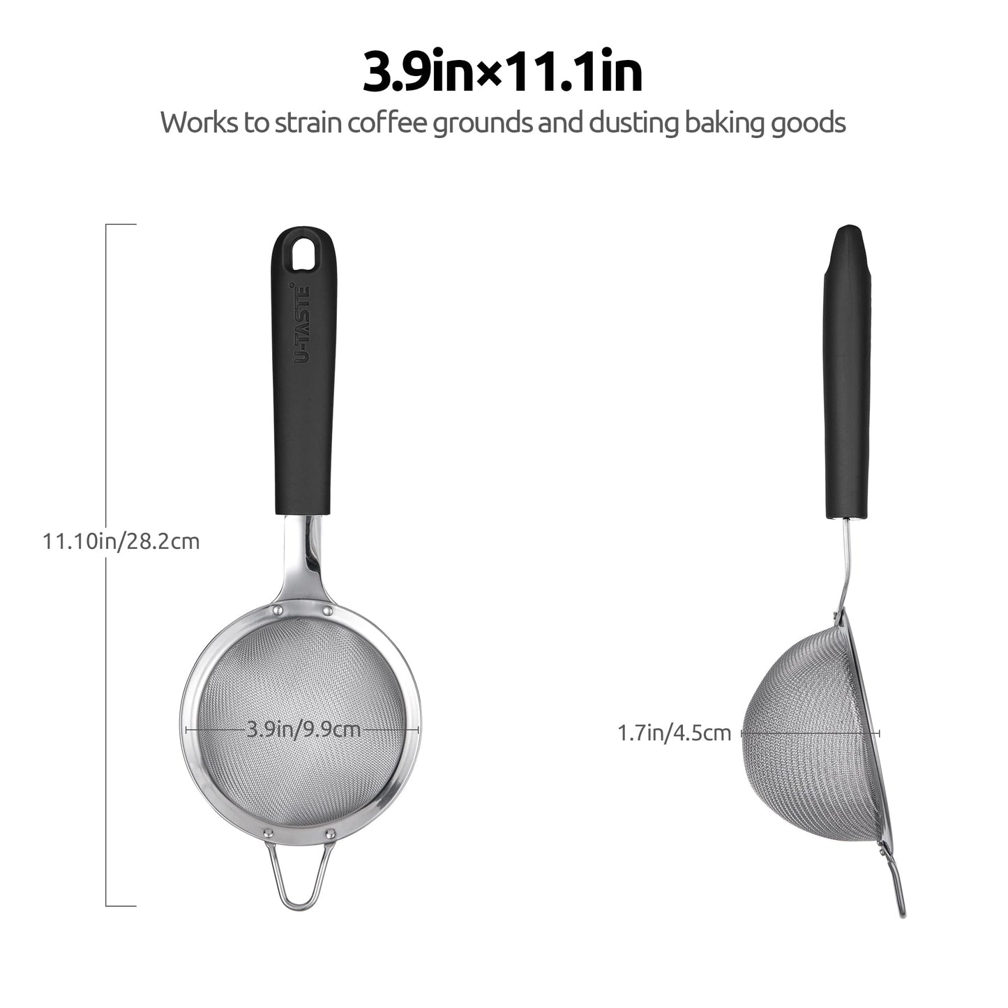 18/8 Stainless Steel Mesh Strainer: U-Taste 3.9 Inch Kitchen Fine Mesh Sieve Food Colander with Riveted Sturdy Silicone Handle and 30 Mesh Hole for Straining Flour, Quinoa, Tea, Juice (Black)