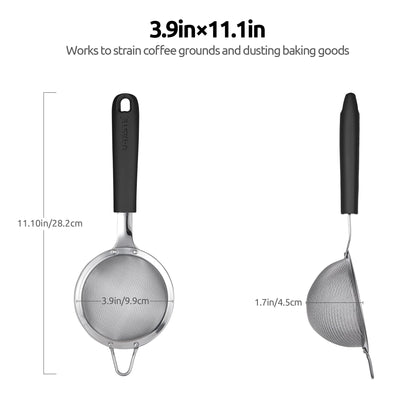 18/8 Stainless Steel Mesh Strainer: U-Taste 3.9 Inch Kitchen Fine Mesh Sieve Food Colander with Riveted Sturdy Silicone Handle and 30 Mesh Hole for Straining Flour, Quinoa, Tea, Juice (Black)