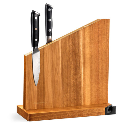 Gourmetop Magnetic Knife Holder with Built-in Sharpener, 100% Acacia Wood Magnetic Knife Block without Knives, Strong Double-Sided Magnetic Knife Holder for Kitchen Countertop Organization, Light Wood