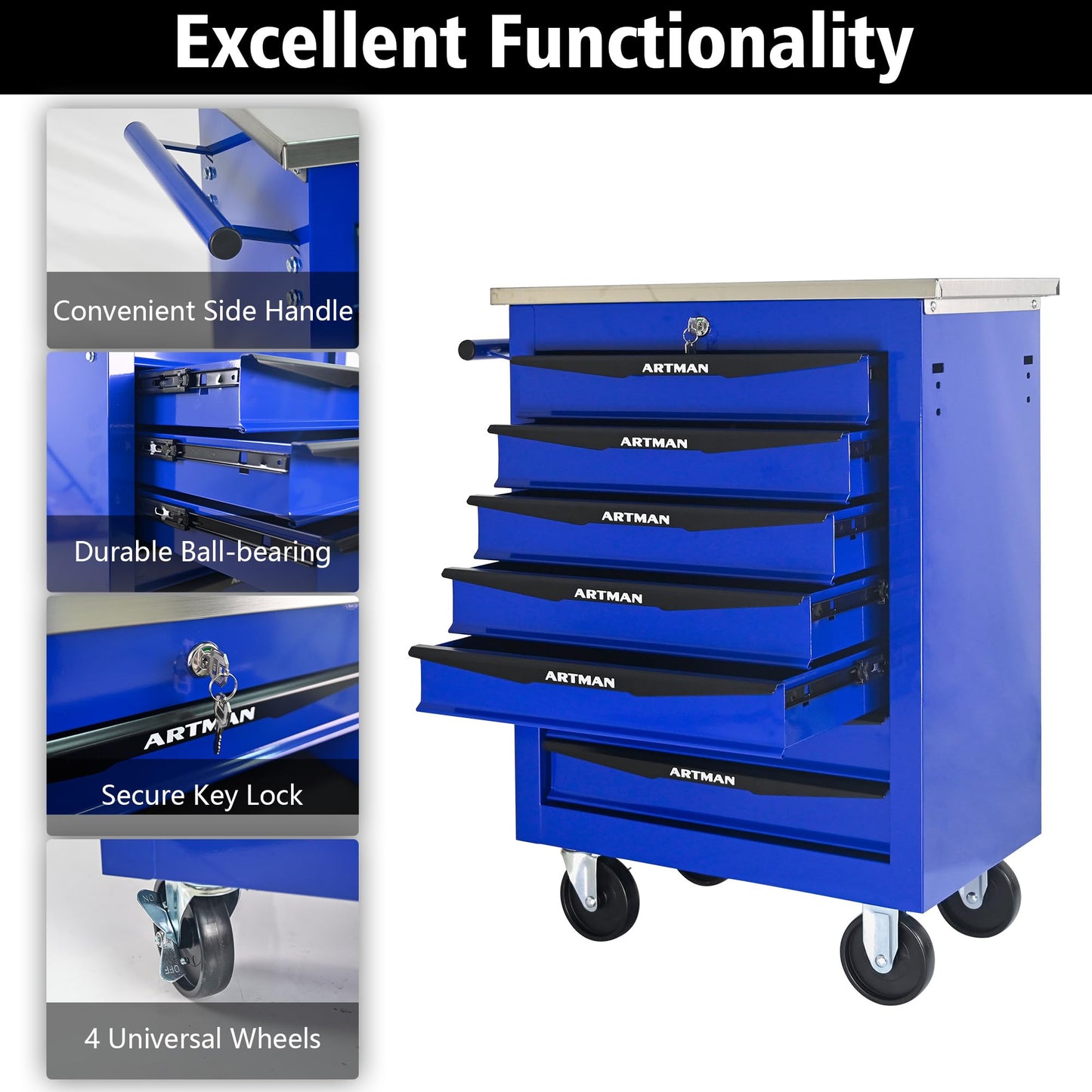 KEIKI 7 Drawers Tool Cart on Wheels,Multifunctional Rolling Tool Chest Tool Storage,Drawers Rolling Tool Trolley Organizer Tool Case for Garage, Warehouse, Workshop, Repair Shop (Blue)