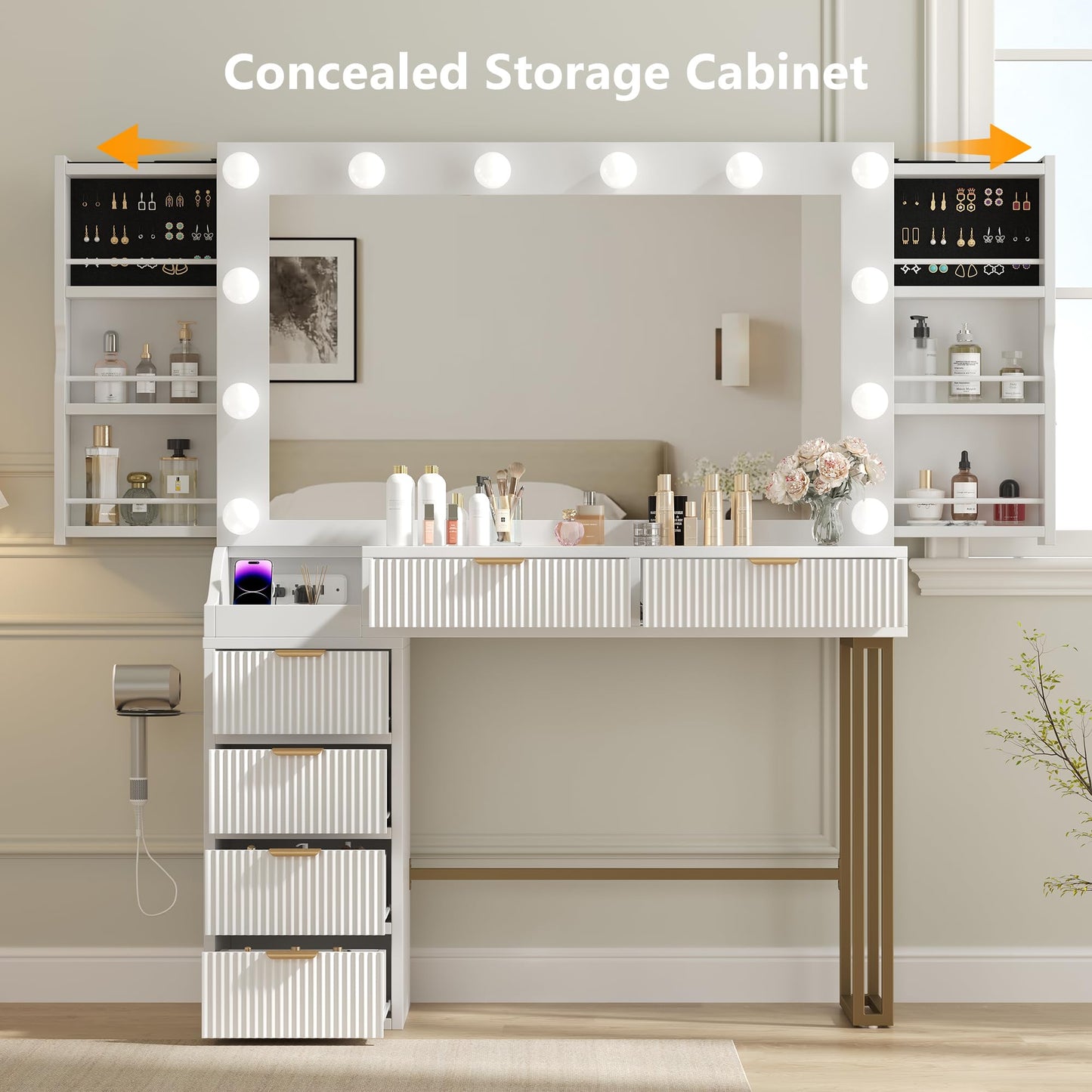 Feonase Vanity Desk, White 43'' Large Makeup Vanity Desk with Mirror and 12 Lights, 3 Color Modes, Glass Top Makeup Table with 6 Drawers and 2 Side Cabinets, Built in Charging Station