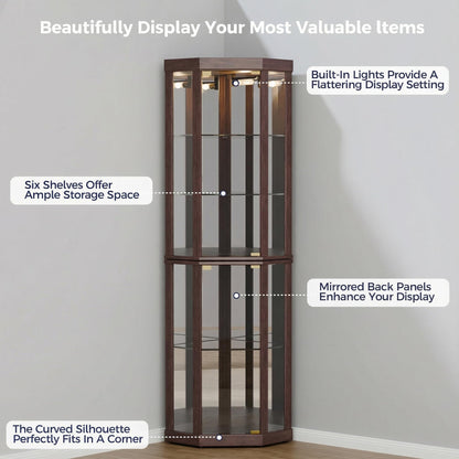 Topcomfy Corner Curio Cabinet, Lighted 3-Side Glass Display Curio Cabinet with Tempered Glass Doors & Adjustable Shelves, Wine Bar China Cabinet with Bulb for Living Room (Dark Cherry)