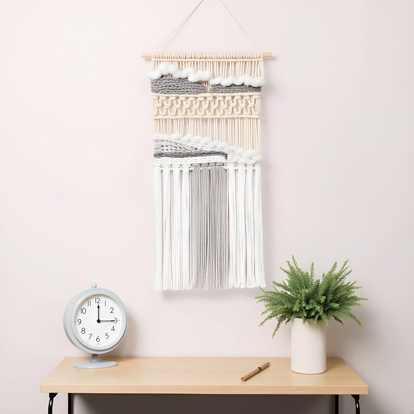 Mkono Macrame Wall Hanging Woven Boho Decor Gray Yarn Fringe Tassel Handmade Home Decoration for Bedroom Living Room Dorm Nursery Apartment, 12''W x 24.5''L