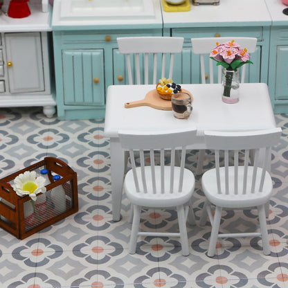 Minamzee 1/12 Dollhouse Table Chair Set, 17pcs Wooden Miniature Kitchen Furniture Set with Breakfast Accessories for Dining Room