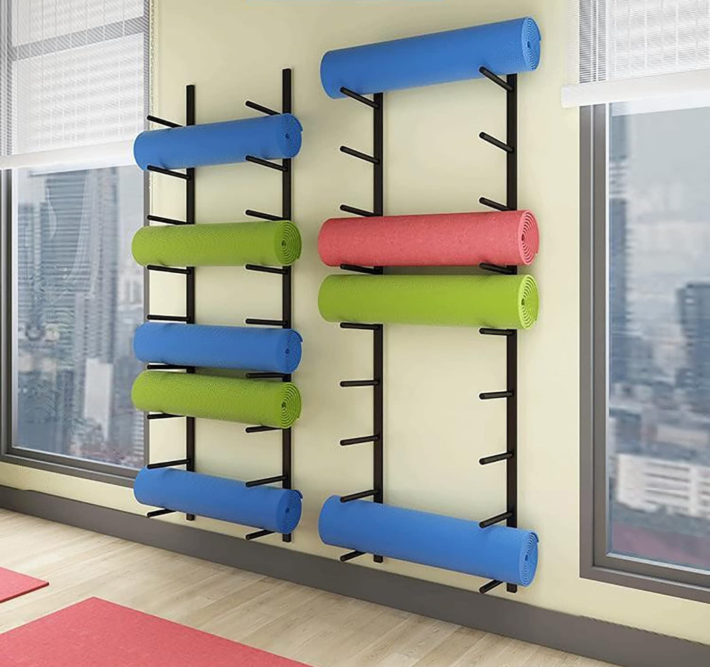 Oracra Yoga Mat Holder Large Capacity Hanging Yoga Mat Wall Holder - 9 Sectional, Home Adjustable Metal Exercise Mats Storage Rack, Commercial Gym Accessories