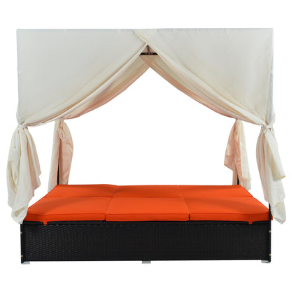 roomfitters Luxury Cabana Vibrant Orange Outdoor Double Chaise Lounge Patio Daybed with Privacy Curtains and Adjustable Reclining Backrest