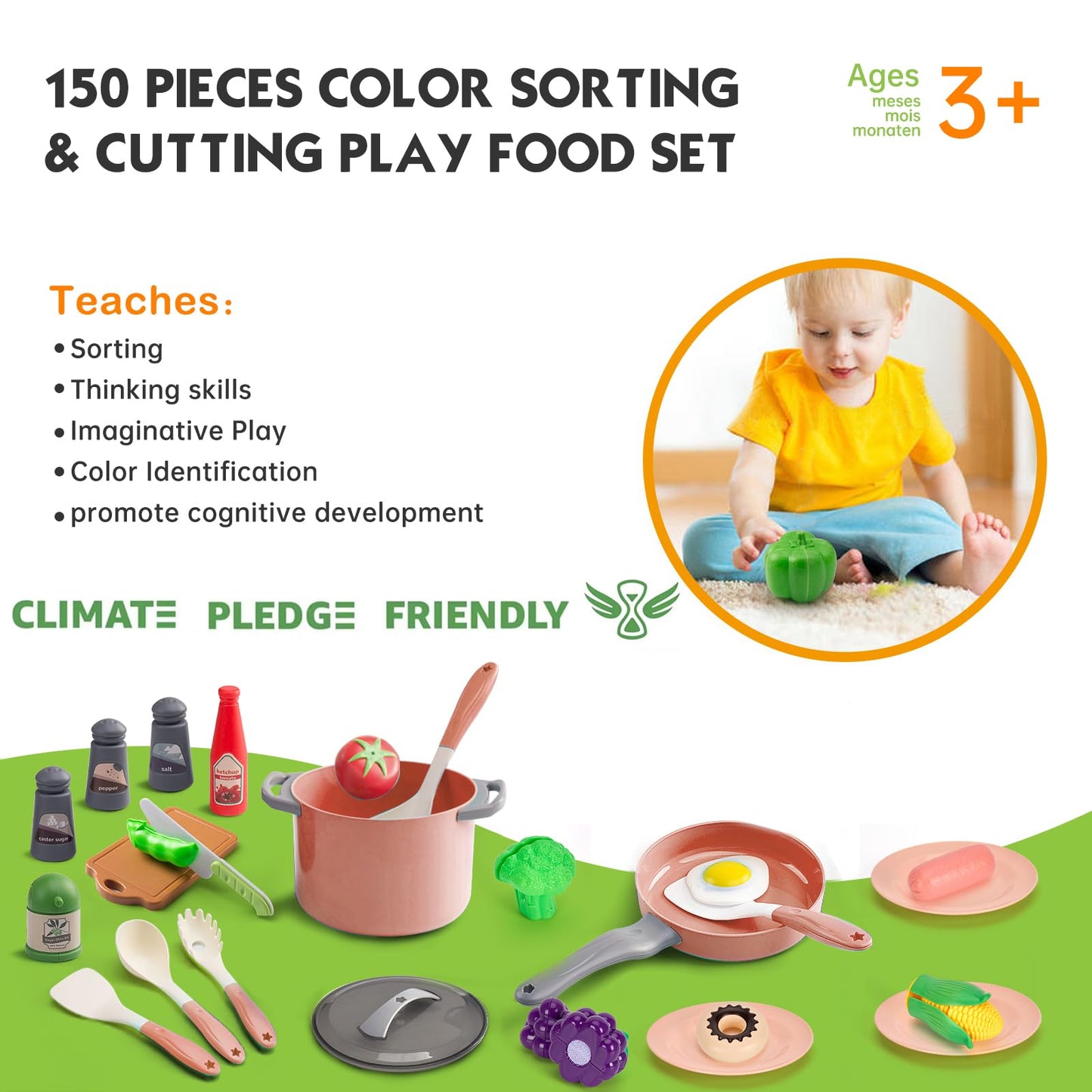 150Pcs Kitchen Playset, Toddlers Pretend Cooking Cookware Accessories, Food, Picnic Blanket, Fruits, Veges, 2Pack Shopping Storage Basket, Dessert and Prop Money, Gift for Kids (Pink)