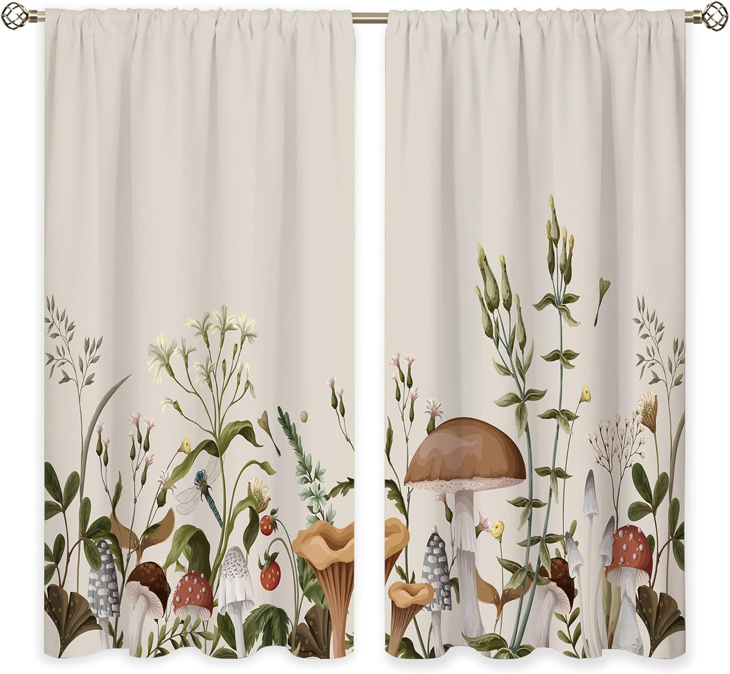 2 42Wx45H Inch Vintage Mushroom Window Curtains Leaves Botanical Rod Pocket Rustic Boho Mushroom Beige Curtain Drapes