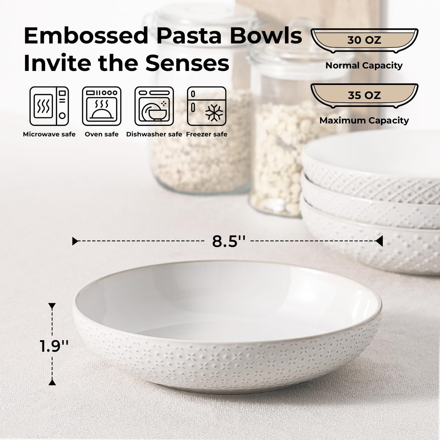 Y YHY 8.5" Pasta Bowls Set of 4, 30 oz Embossed Salad Bowls for Serving Soup, Noodle, Fruit, Dinner, Kitchen Deep Plates, Ceramic Dinnerware Sets, Soft White Dishes for Thanksgiving Day Gifts