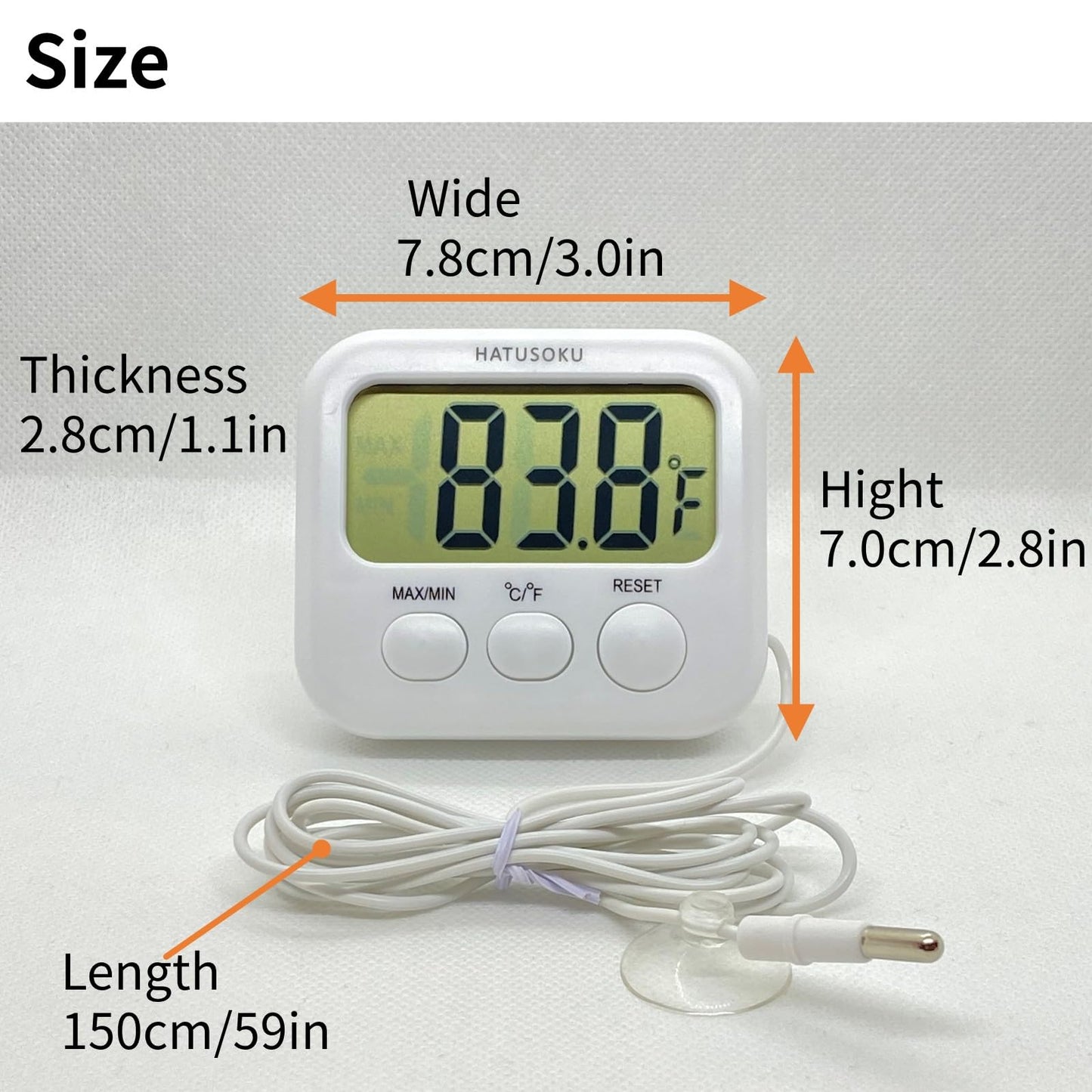 Digital Thermometer with External Sensor, Magnet, Suction Cup, Water Thermometer, Aquarium, Refrigerator, Freezer (White)