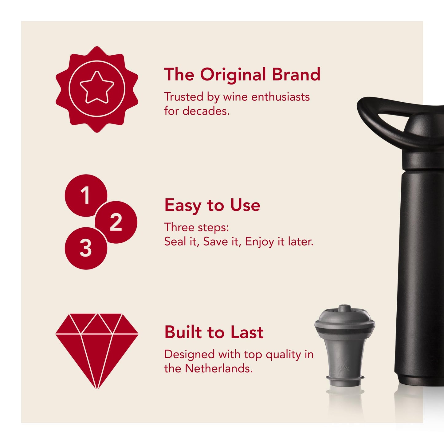 Vacu Vin Wine Saver Concerto - Black - 1 Pump 2 Stoppers - Wine Stoppers for Bottles with Vacuum Pump - Reusable - Made in the Netherlands
