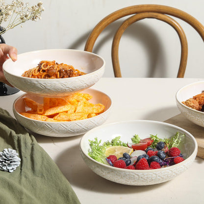 Feenmai 8" Ceramic Pasta Bowls, 22 Oz Serving Bowls Set of 4, Porcelain Shallow Soup Bowl, Embossed Serving Dishes for Pasta, Fruit, Salad, Housewarming Gift, Dishwasher Safe