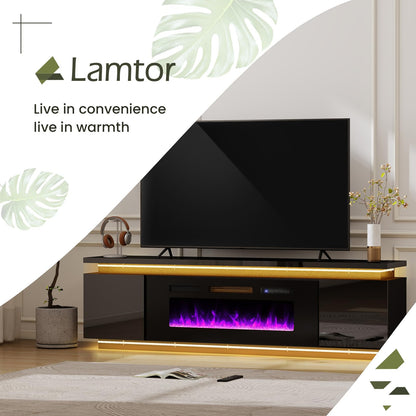 Lamtor Fireplace TV-Stand with 40" Fireplace - 2 LED Light TV-Stand for 85 inch TVs - Entertainment Center with 4 AC Power Outlets - 2 Tier TV Consoles Stand for Living Room, Black