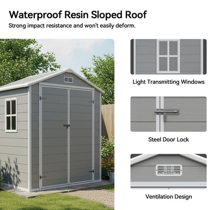 Aoxun 6x4 FT Outdoor Storage Shed, Plastic Garden Resin Shed with Floor and Window for Patio, Lawn, Outdoor Storage with Lockable Door for Bike, Tools, Garbage Can, Grey