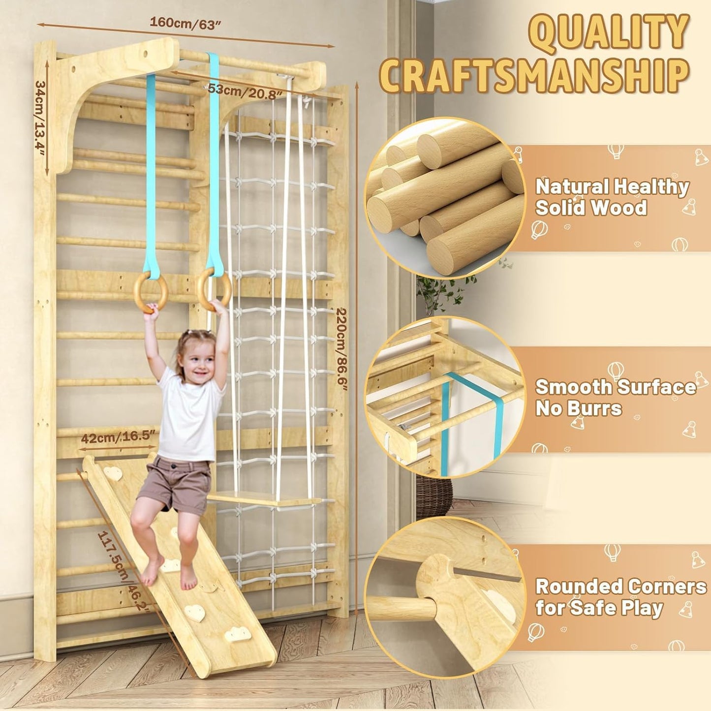 7-in-1 Swedish Ladder, Wooden Climbing Wall Ladder for Kids and Adults, Montessori Climber Playset with Pull-Up Bar, Indoor Climbing Gym, Kids Playground
