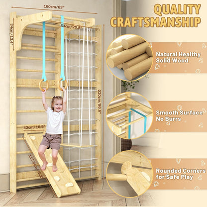 7-in-1 Swedish Ladder, Wooden Climbing Wall Ladder for Kids and Adults, Montessori Climber Playset with Pull-Up Bar, Indoor Climbing Gym, Kids Playground