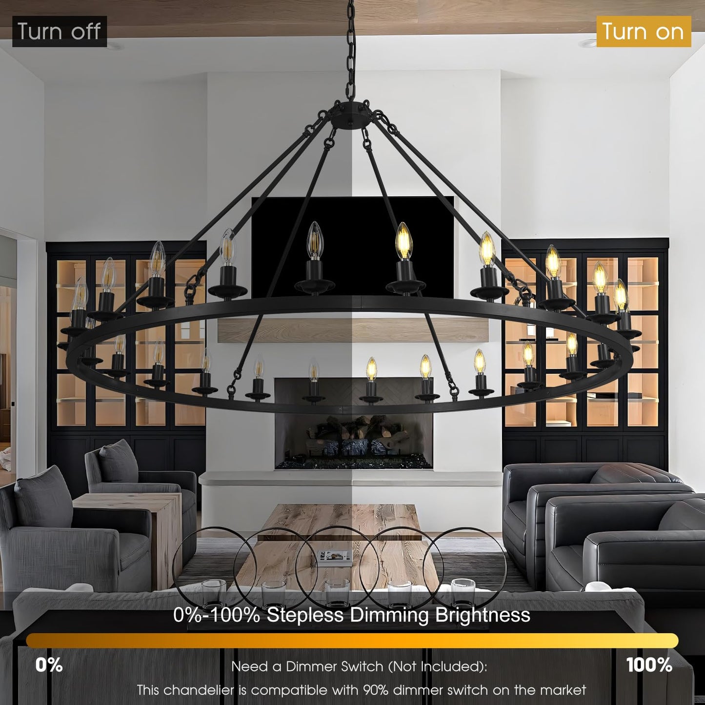 RWOGNLO 54" Black Large Wagon Wheel Chandelier, Farmhouse Round Chandeliers for Dining Room, 24-Light Modern Living Room Chandeliers Ceiling Fixtures for Bedroom, Foyer, Entryway, Staircase, Kitchen